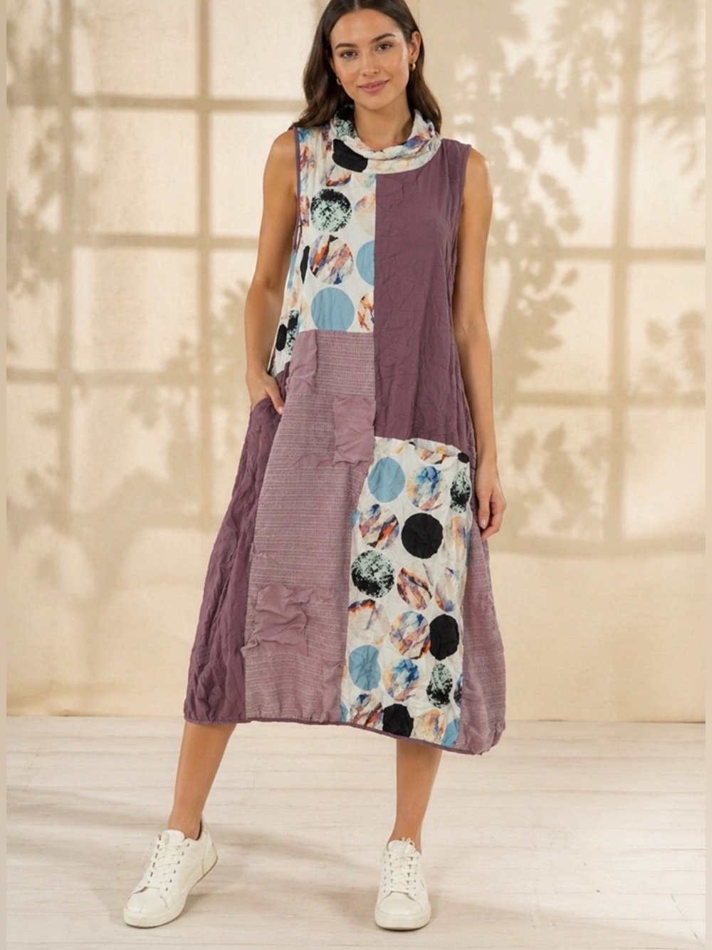 Sleeveless Patchwork Maxi Dress in Mauve with Abstract Print
